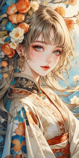 A stunning young woman dressed in Bohemian-style attire, adorned with flowing fabrics, white lace dress, bracelets, exuding a free-spirited charm. (masterpiece, top quality, best quality, official art, beautiful and aesthetic:1.2), (1girl:1.4), blonde hair, many beautiful blooming flowers, covered with plant vines interior, portrait, extreme detailed, (fractal art:1.3), highest detailed, depth of field