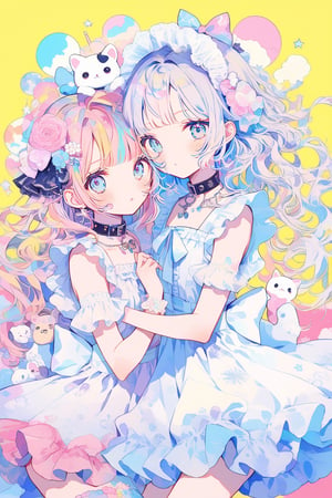  masterpiece, best quality, whimsical and colorful illustration featuring two charming Kawaii girls, donning adorable pastel outfits and cute accessories, striking playful poses as vibrant paint splatters and drips swirl around them, adding a touch of whimsy and dynamism to their cute anime-inspired characters, Illustration, mixed media (digital painting and traditional watercolor),multicolored hair, multicolored eyes, multicolored_dress, (multicolored_background:1.4), long hair,kawaii,deco , decora ,DECORA, Japanese aesthetic and fashion deco, ((((deco)))) decora, tokyo fashion... colorful clothing surrounded by other colorful objects on top ,dolls on head, stuffed Toys, collars, animals, stickers on face , on body, hair ornament, emo