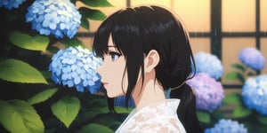 A stunning young woman dressed in modern-style attire, modernism, 2D, anime, 2d illust, (Anime Illustration:1.4), white lace dress, bracelets, (masterpiece, top quality, best quality, official art, beautiful and aesthetic:1.2), (japanese girl), black hair, wet, plants, pink flower, (hydrangea, blue flower),(rain:1.2), (lights reflection),outdoors, portrait, extreme detailed, (fractal art:1.3), highest detailed, depth of field,amazing quality,Visual Anime, anime_screencap