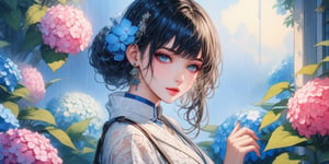 A stunning young woman dressed in modern-style attire, modernism,(Anime Illustration:1.4), white lace dress, bracelets, (masterpiece, top quality, best quality, official art, beautiful and aesthetic:1.2), (japanese girl), black hair, wet, plants, pink flower, (hydrangea, blue flower),(rain:1.2), (lights reflection),outdoors, portrait, extreme detailed, (fractal art:1.3), highest detailed, depth of field,amazing quality