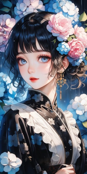 A stunning young woman dressed in modern-style attire, modernism, 2D, anime, 2d illust, (Anime Illustration:1.4), white lace dress, bracelets, (masterpiece, top quality, best quality, official art, beautiful and aesthetic:1.2), (japanese girl), black hair, wet, plants, pink flower, (hydrangea, blue flower),(rain:1.2), (lights reflection),outdoors, portrait, extreme detailed, (fractal art:1.3), highest detailed, depth of field,amazing quality, score_9, score_8_up,REALISTIC, in the style of esao andrews