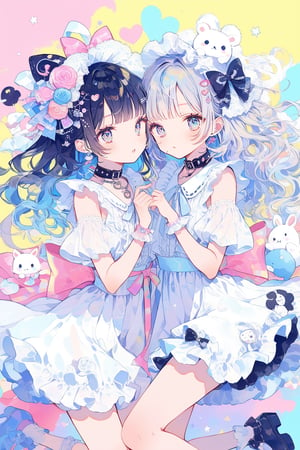  masterpiece, best quality, 2girl, whimsical and colorful illustration featuring two charming Kawaii girls, donning adorable pastel outfits and cute accessories, striking playful poses as vibrant paint splatters and drips swirl around them, adding a touch of whimsy, cute anime-inspired characters, Illustration, mixed media (digital painting and traditional watercolor),multicolored hair, multicolored eyes, multicolored_dress, (multicolored_background:1.4), long hair,kawaii,deco , decora ,DECORA, Japanese aesthetic and fashion deco, ((((deco)))) decora, tokyo fashion, colorful clothing surrounded by other colorful objects on top ,dolls on head, stuffed Toys, collars, animals, heart mark, on body, hair ornament, emo