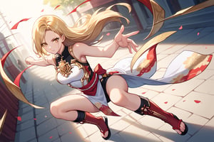 core_9, score_8_up, score_7_up, score_6_up, source_anime, perfect anatomy //characters, kisara, blonde hair, long hair, yellow eyes, 1 girl, solo, The outfit is a fusion of floral kimono patterns and samurai armor, featuring a sleeveless top with intricate red detailing and gold accents. The character wears knee-high boots with red sandals, //situations, street, //pose, syouryuken, uppercut, punch the sky, jump, from above, /LoRA, beautiful_female_fingers, perfect anatomy, correct number of fingers, 5_fingers, perfect hands, pretty hands, dutch angle,