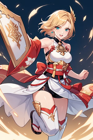 score_9, score_8_up, score_7_up, score_6_up, source_anime, perfect anatomy //characters,A character based on Kisara from Tales of Arise wearing a traditional Japanese-inspired outfit. She has long, flowing blonde hair with a confident expression, similar to her original style. The outfit is a fusion of floral kimono patterns and samurai armor, featuring a sleeveless top with intricate red accents and gold details. The character wears thigh-high boots with red sandals, and her look combines elegance and battle readiness. She holds a large, ornate shield and a mace, exuding strength and determination. The color scheme balances reds, golds, and floral designs, with a modern yet traditional aesthetic.  perfect hands, pretty hands, cowboy shot, from bottom, dynamic pose, dynamic angle,