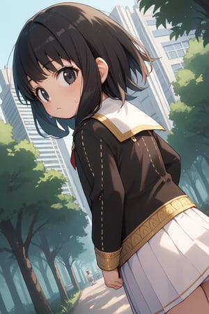 score_9, score_8_up, score_7_up, source_anime, 1 child, Pan, black hair, medium hair, black eyes, black shirt, long sleeves, sailor collar, school uniform, serafuku, white skirt, tomoeda school uniform, white buruma, sweating, in a forest, , outdoors, cityscape, looking at viewer, streets, from behind, cowboy shot, dutch angle, 