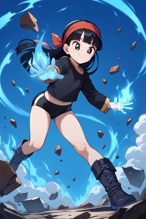 score_9,score_8_up,score_7_up,score_6_up,score_5_up,score_4_up,source_anime,pan,smile,closed mouth,long hair,blunt bangs,black hair,black eyes,red headband,black shirt,long sleeves,tight shirt,black buruma,thigh bandage,black boots,dark blue sky,big clouds,debris,debris in the air,glowing,glowing eyes,aura,blue energy,aura,juho shoshiken jutsu,blue energy in hands,blue fire,blue fire in hands,flaming eyes:0.8,RageModeV4XL,flaming eyes,eye trail