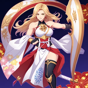 A character based on Kisara from Tales of Arise wearing a traditional Japanese-inspired outfit. She has long, flowing blonde hair with a confident expression, similar to her original style. The outfit is a fusion of floral kimono patterns and samurai armor, featuring a sleeveless top with intricate red accents and gold details. The character wears thigh-high boots with red sandals, and her look combines elegance and battle readiness. She holds a large, ornate shield and a mace, exuding strength and determination. The color scheme balances reds, golds, and floral designs, with a modern yet traditional aesthetic.