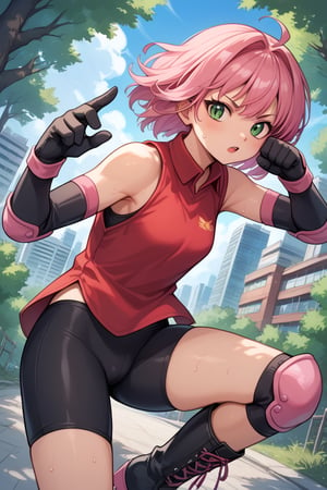 score_9, score_8_up, score_7_up, source_anime, 1 girl, Pan, bike shorts under miniskirt, pink miniskirt with slit, red shirt, sleeveless, pink elbow pads, black gloves, pink hair, medium hair, green eyes, black boots, sweating, in a forest, , outdoors, cityscape, looking at viewer, streets, leg up, leg half raised, fighting stance, cowboy shot, dutch angle