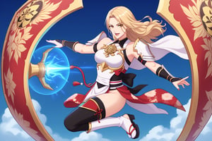 A character based on Kisara from Tales of Arise wearing a traditional Japanese-inspired outfit. She has long, flowing blonde hair with a confident expression, similar to her original style. The outfit is a fusion of floral kimono patterns and samurai armor, featuring a sleeveless top with intricate red accents and gold details. The character wears thigh-high boots with red sandals, and her look combines elegance and battle readiness. She holds a large, ornate shield and a mace, exuding strength and determination. The color scheme balances reds, golds, and floral designs, with a modern yet traditional aesthetic.