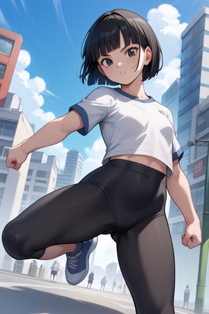 score_9, score_8_up, score_7_up, source_anime, pan, 1girl, solo, black eyes, black hair, short hair, bob cut, blunt bangs, t-shirt, grey shirt, white shirt, raglan sleeves, short sleeves, black leggings, outdoors, cityscape, looking at viewer, streets, leg up, leg half raised, fighting stance, cowboy shot, dutch angle,