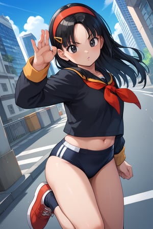 score_9, score_8_up, score_7_up, source_anime, Rinwell, black hair, black eyes, hair clip, parted bangs, long hair, red headband, black shirt, long sleeves, saiyajun uniform, black buruma, outdoors, cityscape, looking at viewer, streets, leg up, leg half raised, fighting stance, cowboy shot, dutch angle,