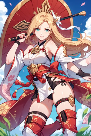 score_9, score_8_up, score_7_up, score_6_up, source_anime, perfect anatomy //characters, A character based on Kisara from Tales of Arise wearing a traditional Japanese-inspired outfit. She has long, flowing blonde hair with a confident expression, similar to her original style. The outfit is a fusion of floral kimono patterns and samurai armor, featuring a sleeveless top with intricate red accents and gold details. The character wears thigh-high boots with red sandals, and her look combines elegance and battle readiness. She holds a large, ornate shield and a mace, exuding strength and determination. The color scheme balances reds, golds, and floral designs, with a modern yet traditional aesthetic.