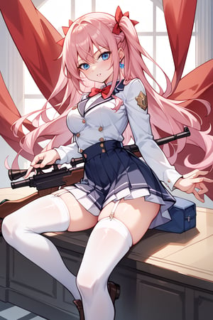 score_9, score_8_up, score_7_up, score_6_up, source_anime, perfect anatomy //characters, A character named Shionne from the game 'Tales of Arise' is depicted with light pink hair styled in two side braids, tied with red ribbons. Her eyes are bright blue, and she is wearing a school uniform consisting of a light gray blazer with white accents and gold buttons, a white pleated shirt, a large red bow tie, and a black pleated skirt. She is also wearing white thigh-high stockings and brown shoes. Shionne is holding an ornate rifle in one hand. The background is kept simple to focus on the character and her details..,/LoRA, beautiful_feminine_fingers, perfect anatomy, correct number of fingers, 5_fingers, perfect hands, beautiful hands