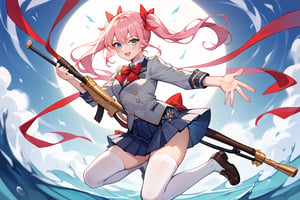 score_9, score_8_up, score_7_up, score_6_up, source_anime, perfect anatomy //characters, A character named Shionne from the game 'Tales of Arise' is depicted with light pink hair styled in two side braids, tied with red ribbons. Her eyes are bright blue, and she is wearing a school uniform consisting of a light gray blazer with white accents and gold buttons, a white pleated shirt, a large red bow tie, and a black pleated skirt. She is also wearing white thigh-high stockings and brown shoes. Shionne is holding an ornate rifle in one hand. The background is kept simple to focus on the character and her details..,/LoRA, beautiful_feminine_fingers, perfect anatomy, correct number of fingers, 5_fingers, perfect hands, beautiful hands