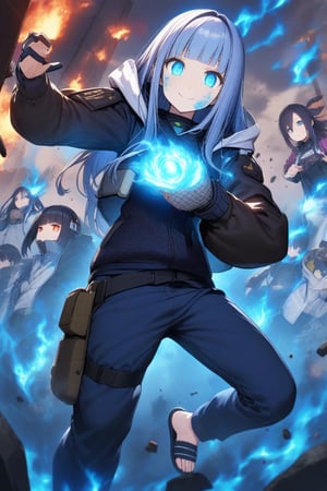 score_9,score_8_up, score_7_up, score_6_up, score_5_up,score_4_up,source_anime,Hinata Hyuga,smile,closed mouth,long hair,blunt bangs,dark blue hair,light eyes,forehead protector,konohagakure symbol,purple and white hooded jacket,fishnets,blue pants,holster,bandage on thigh,open sandals,dark blue sky,Big clouds,debris,debris in the air,glowing,glowing eyes,aura,blue energy,aura,juho shoshiken jutsu,blue energy in hands,blue fire,blue fire in hands ,flaming eyes:0.8,RageModeV4XL,flaming eyes,eye trail