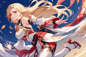 score_9, score_8_up, score_7_up, score_6_up, source_anime, perfect anatomy //characters,A character based on Kisara from Tales of Arise wearing a traditional Japanese-inspired outfit. She has long, flowing blonde hair with a confident expression, similar to her original style. The outfit is a fusion of floral kimono patterns and samurai armor, featuring a sleeveless top with intricate red detailing and gold accents. The character wears knee-high boots with red sandals, and her look combines elegance and battle-readiness. exuding strength and determination. perfect hands, beautiful hands, cowboy shot, from below, dynamic pose, dynamic angle,