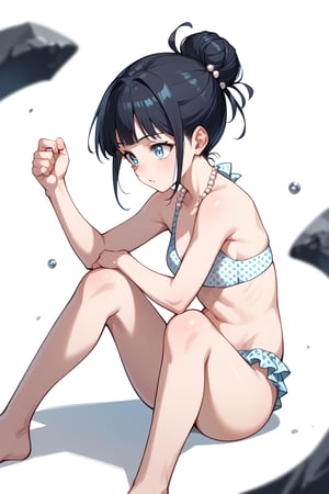 score_9, score_8_up, score_7_up, source_anime, BREAK, white background, 1girl, solo,  hinapony, black hair, pearl eyes,medium, polka dot bikini, sitting, dynamic pose, hair bun