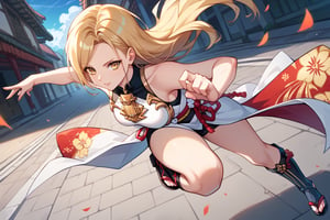 core_9, score_8_up, score_7_up, score_6_up, source_anime, perfect anatomy //characters, kisara, blonde hair, long hair, yellow eyes, 1 girl, solo, The outfit is a fusion of floral kimono patterns and samurai armor, featuring a sleeveless top with intricate red detailing and gold accents. The character wears knee-high boots with red sandals, //situations, street, //pose, syouryuken, uppercut, punch the sky, jump, from above, /LoRA, beautiful_female_fingers, perfect anatomy, correct number of fingers, 5_fingers, perfect hands, pretty hands, dutch angle,