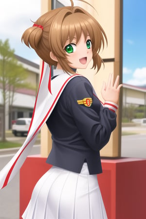 score_9, score_8_up, score_7_up, score_6_up, score_5_up, score_4_up, BREAK, source_anime,1girl, kinomoto sakura, antenna hair, brown hair, short hair, hair scrunchies, green eyes, black shirt, long sleeves, scarf, sailor collar, school uniform, serafuku, white skirt, tomoeda elementary school uniform, from behind, sticking her ass out, sexy pose, looking at viewer, solo, outdoors, blue sky, park background 