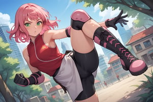 score_9, score_8_up, score_7_up, source_anime, 1 girl, Pan, bike shorts under miniskirt, pink miniskirt with slit, red shirt, sleeveless, pink elbow pads, black gloves, pink hair, medium hair, green eyes, black boots, sweating, in a forest, , outdoors, cityscape, looking at viewer, streets, leg up, leg half raised, fighting stance, cowboy shot, dutch angle