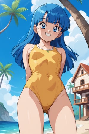 score_9, score_8_up, score_7_up, score_6_up, source_anime, 1girl, arms behind back, sexy, dynamic pose, smile, cute pose, solo, detailed background, looking at viewer, wide shot, cowboy shot, (v:1.1), beach, house at behind, sea, palm, from below,  MaronXLP, 1girl, blue hair, long hair, blunt bangs, blue eyes, yellow one-piece swimsuit, anime screencap, retro artstyle,