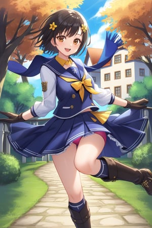 A character resembling Rinwell from 'Tales of Arise' is wearing a long-sleeved black school uniform inspired by Sakura Kinomoto from 'Cardcaptor Sakura'. The uniform includes a sailor-style collar, a dark blue scarf, and a white pleated skirt with pink buruma. Rinwell's original gloves and boots are retained, matching her new school outfit, giving her a magical and modern schoolgirl appearance. She is in an anime-style suburban setting with soft lighting, surrounded by houses and greenery, creating a peaceful yet fantastical scene.