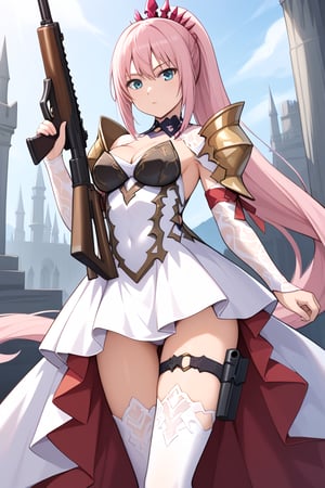 masterpiece, best quality, highres, shionne1, ponytail, 1girl, solo, shoulder armor, dress, very long hair, thigh strap, white dress, cleavage, pauldrons, white thighhighs, medium breasts, bangs, detached sleeves, standing, cowboy shot, holding gun, rifle,