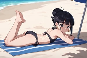 source_anime, score_9, score_8_up, score_7_up, anime screencap, absurdres, official style,chi-chi, bangs, black hair, blunt bangs, sidelocks, hair bun, single hair bun, black eyes, earrings,black bikini, barefoot, beach, dappled sunlight, lying on stomach, looking at viewer, ocean, from side, 