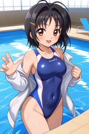 1girl, kinomoto sakura, black hair, medium hair, hair clip, parted bangs, brown eyes, swimming pool, water splashes, greeting, dynamic angle, pleasure, big smile, blue swimsuit, competition swimsuit, covered navel, white jacket, open clothes, open jacket, racing jacket, swimming pool, ,looking at viewer, anime screenshot, beautiful female fingers, (correct number of fingers, 4 fingers + 1 thumb), (perfect hands), perfect anatomy