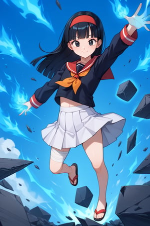 score_9,score_8_up,score_7_up,score_6_up,score_5_up,score_4_up,source_anime,pan,smile,closed mouth,long hair,blunt bangs,black hair,black eyes,red headband,,black shirt,long sleeves,sailor collar,school uniform,serafuku,white skirt,tomoeda school uniform,white buruma,thigh bandage,open sandals,dark blue sky,large clouds,debris,debris in the air,shiny,shiny eyes,aura,blue energy,aura,juho shoshiken jutsu,blue energy in hands,blue fire,blue fire in hands,flaming eyes:0.8,RageModeV4XL,flaming eyes,eye trail