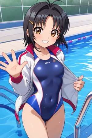 1girl, kinomoto sakura, black hair, medium hair, hair clip, parted bangs, brown eyes, swimming pool, water splashes, greeting, dynamic angle, pleasure, big smile, blue swimsuit, competition swimsuit, covered navel, white jacket, open clothes, open jacket, racing jacket, swimming pool, ,looking at viewer, anime screenshot, beautiful female fingers, (correct number of fingers, 4 fingers + 1 thumb), (perfect hands), perfect anatomy