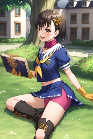 A character resembling Rinwell from 'Tales of Arise' is wearing a long-sleeved black school uniform inspired by Sakura Kinomoto from 'Cardcaptor Sakura'. The uniform includes a sailor-style collar, a dark blue scarf, and a white pleated skirt with pink buruma. Rinwell's original gloves and boots are retained, matching her new school outfit, giving her a magical and modern schoolgirl appearance. She is in an anime-style suburban setting with soft lighting, surrounded by houses and greenery, creating a peaceful yet fantastical scene.