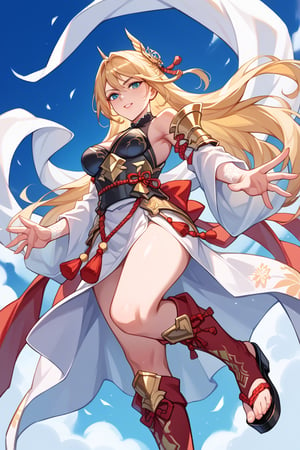 score_9, score_8_up, score_7_up, score_6_up, source_anime, perfect anatomy //characters,A character based on Kisara from Tales of Arise wearing a traditional Japanese-inspired outfit. She has long, flowing blonde hair with a confident expression, similar to her original style. The outfit is a fusion of floral kimono patterns and samurai armor, featuring a sleeveless top with intricate red detailing and gold accents. The character wears knee-high boots with red sandals, and her look combines elegance and battle-readiness. exuding strength and determination. perfect hands, beautiful hands, cowboy shot, from below, dynamic pose, dynamic angle,