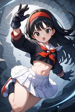 score_9, score_8_up, score_7_up, source_anime, 1 girl, pan, black hair, long hair, black eyes, red headband, ankle socks, white skirt, crop top, belly, miniskirt, belly button, white sailor collar, school uniform, shoes, long sleeves, skirt, sneakers, socks, belly, shirt, black shirt, gloves, black gloves, white buruma, dungeon, looking at viewer, dynamic pose, kick, dynamic angle, , beautiful_female_fingers, (correct number of fingers), 5_fingers (perfect hands), perfect anatomy