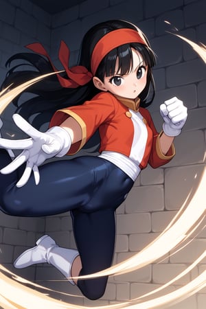 score_9, score_8_up, score_7_up, source_anime, 1 girl, pan, black hair, long hair, black eyes, red headband, tight long sleeve shirt, black buruma, white gloves, white boots, dungeon, looking at viewer, dynamic pose, kick, dynamic angle, , beautiful_female_fingers, (correct number of fingers), 5_fingers (perfect hands), perfect anatomy