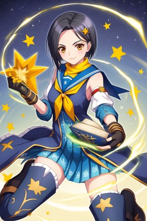 Create an anime-style illustration of Rinwell from Tales of Arise, but instead of her usual outfit, she is wearing the school uniform of Sakura Kinomoto from Cardcaptor Sakura. Rinwell has short black hair with a side-swept fringe and a yellow star-shaped hairpin. Her expression is confident and slightly playful, holding an open magic book in one hand.

She retains her original blue thigh-high boots adorned with yellow stars, and the matching black gloves. However, the rest of her outfit is replaced with the Tomoeda Elementary school uniform, consisting of:

A black, long-sleeved shirt with a sailor-style collar, adorned with white and red stripes.
A white scarf tied at the front, completing the look.
A white pleated skirt that matches the traditional serafuku style.
The overall color scheme combines the dark tones of the uniform with the blue and yellow accents from Rinwell's boots and gloves.
The background is a soft pastel, with gentle, warm colors to evoke a sense of magic and school life combined."