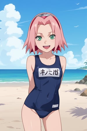 score_9, score_8_up,source_anime,1girl, haruno sakura, pink hair, long hair, green eyes,arms behind back, (onepiece school swimsuit), name tag, open mouth, smile, happy, solo, looking at viewer, sea, sand, blue sky, tropical island background, anime screencap, anime coloring 