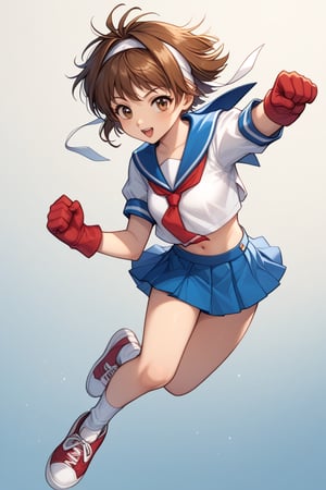 score_9, score_8_up, score_7_up, score_6_up, source_anime, perfect anatomy //characters, 1girl, solo, sakura kasugano, brown eyes, brown hair, short hair, midriff, stomach, navel, school uniform, shirt, white shirt, crop top, sailor collar, short sleeves, skirt, blue skirt, miniskirt, ankle socks, shoes, socks, sneakers, headband, white headband, gloves, red gloves, ,//situations, street ,//pose, syouryuken, uppercut, punch the sky , jumping, from above ,/LoRA, beautiful_female_fingers, perfect anatomy, correct number of fingers, 5_fingers, perfect hands, beautiful hands