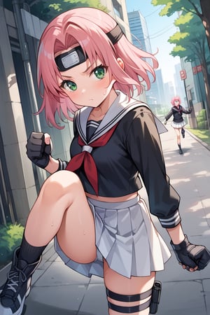 score_9, score_8_up, score_7_up, source_anime, 1 girl, Pan, forehead protector, konohagakure symbol, black shirt, long sleeves, sailor collar, school uniform, serafuku, white skirt, tomoeda school uniform, white buruma, thigh bandage, shoes, sneakers, socks, black gloves, pink hair, medium hair, green eyes, black boots, sweating, in a forest, , outdoors, cityscape, looking at viewer, streets, leg up, leg half raised, fighting stance, cowboy shot, dutch angle