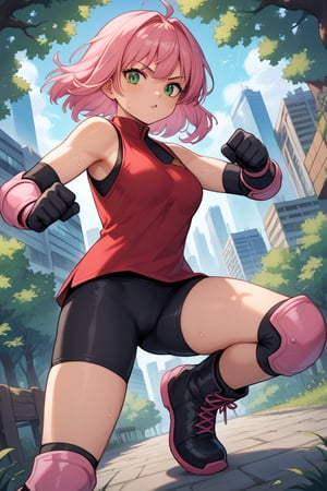 score_9, score_8_up, score_7_up, source_anime, 1 girl, Pan, bike shorts under miniskirt, pink miniskirt with slit, red shirt, sleeveless, pink elbow pads, black gloves, pink hair, medium hair, green eyes, black boots, sweating, in a forest, , outdoors, cityscape, looking at viewer, streets, leg up, leg half raised, fighting stance, cowboy shot, dutch angle