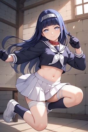 score_9, score_8_up, score_7_up, source_anime, 1Hinata Hyuga, smile, closed mouth, long hair, blunt bangs, dark blue hair, light eyes, forehead protector, konohagakure symbol, ankle socks, white skirt, crop top, belly, miniskirt, belly button, white sailor collar, school uniform, shoes, long sleeves, skirt, sneakers, socks, belly, shirt, black shirt, gloves, black gloves, white buruma, thigh bandage, dungeon, looking at viewer, dynamic pose, kick, dynamic angle, , beautiful_female_fingers, (correct number of fingers), 5_fingers (perfect hands), perfect anatomy