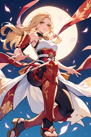 score_9, score_8_up, score_7_up, score_6_up, source_anime, perfect anatomy //characters,A character based on Kisara from Tales of Arise wearing a traditional Japanese-inspired outfit. She has long, flowing blonde hair with a confident expression, similar to her original style. The outfit is a fusion of floral kimono patterns and samurai armor, featuring a sleeveless top with intricate red detailing and gold accents. The character wears knee-high boots with red sandals, and her look combines elegance and battle-readiness. exuding strength and determination. perfect hands, beautiful hands, cowboy shot, from below, dynamic pose, dynamic angle,