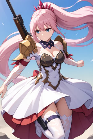 masterpiece, best quality, high resolution, shionne1, ponytail, 1 girl, solo, shoulder armor, dress, very long hair, thigh strap, white dress, cleavage, shoulder pads, white tights, medium breasts, bangs, loose sleeves, standing, cowboy shooting, holding gun, rifle, jumping, attacking stance.