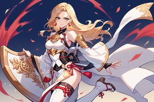 score_9, score_8_up, score_7_up, score_6_up, source_anime, perfect anatomy //characters, A character based on Kisara from Tales of Arise wearing a traditional Japanese-inspired outfit. She has long, flowing blonde hair with a confident expression, similar to her original style. The outfit is a fusion of floral kimono patterns and samurai armor, featuring a sleeveless top with intricate red accents and gold details. The character wears thigh-high boots with red sandals, and her look combines elegance and battle readiness. She holds a large, ornate shield and a mace, exuding strength and determination. The color scheme balances reds, golds, and floral designs, with a modern yet traditional aesthetic.