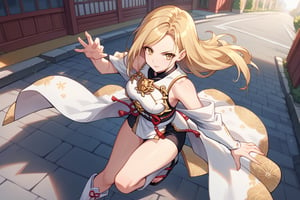 core_9, score_8_up, score_7_up, score_6_up, source_anime, perfect anatomy //characters, kisara, blonde hair, long hair, yellow eyes, 1 girl, solo, The outfit is a fusion of floral kimono patterns and samurai armor, featuring a sleeveless top with intricate red detailing and gold accents. The character wears knee-high boots with red sandals, //situations, street, //pose, syouryuken, uppercut, punch the sky, jump, from above, /LoRA, beautiful_female_fingers, perfect anatomy, correct number of fingers, 5_fingers, perfect hands, pretty hands, dutch angle, dynamic angle