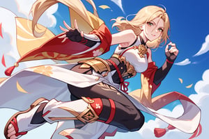 score_9, score_8_up, score_7_up, score_6_up, source_anime, perfect anatomy //characters,A character based on Kisara from Tales of Arise wearing a traditional Japanese-inspired outfit. She has long, flowing blonde hair with a confident expression, similar to her original style. The outfit is a fusion of floral kimono patterns and samurai armor, featuring a sleeveless top with intricate red detailing and gold accents. The character wears knee-high boots with red sandals, and her look combines elegance and battle-readiness. exuding strength and determination. perfect hands, beautiful hands, cowboy shot, from below, dynamic pose, dynamic angle,