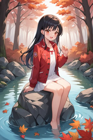 score_9, score_8_up, score_7_up, score_6_up, score_5_up, score_4_up, source_anime, ,//characters, 1girl, solo, ayaseena, ((tiny body)), flat chest, black hair, long hair dress, red jacket, //situations, Autumn, forest, autumn leaves, river, ,//pose, 1girl, big smile, open mouth, blushing, forests, sitting on rock, from above ,,/LoRA, perfect anatomy, beautiful_female_fingers, (correct number of fingers), Anatomically correct hands, (5_fingers), (perfect hands), perfecteyes