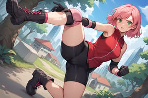  score_9, score_8_up, score_7_up, source_anime, 1 girl, Pan, bike shorts under miniskirt, pink miniskirt with slit, red shirt, sleeveless, pink elbow pads, black gloves, pink hair, medium hair, green eyes, black boots, sweating, in a forest, , outdoors, cityscape, looking at viewer, streets, leg up, leg half raised, fighting stance, cowboy shot, dutch angle