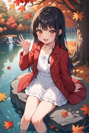 score_9, score_8_up, score_7_up, score_6_up, score_5_up, score_4_up, source_anime, ,//characters, 1girl, solo, ayaseena, ((tiny body)), flat chest, black hair, long hair dress, red jacket, //situations, Autumn, forest, autumn leaves, river, ,//pose, 1girl, big smile, open mouth, blushing, forests, sitting on rock, from above ,,/LoRA, perfect anatomy, beautiful_female_fingers, (correct number of fingers), Anatomically correct hands, (5_fingers), (perfect hands), perfecteyes