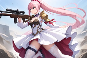 masterpiece, best quality, high resolution, shionne1, ponytail, 1 girl, solo, shoulder armor, dress, very long hair, thigh strap, white dress, cleavage, shoulder pads, white tights, medium breasts, bangs, loose sleeves, standing, cowboy shooting, holding gun, rifle, jumping, attacking stance.